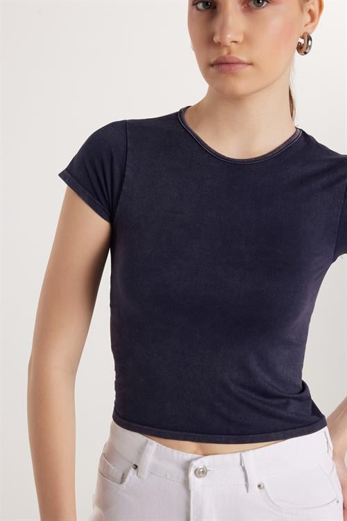 Kadın Slim Fit Dar Kesim Düz Basic Bisiklet Yaka Lacivert Tişört