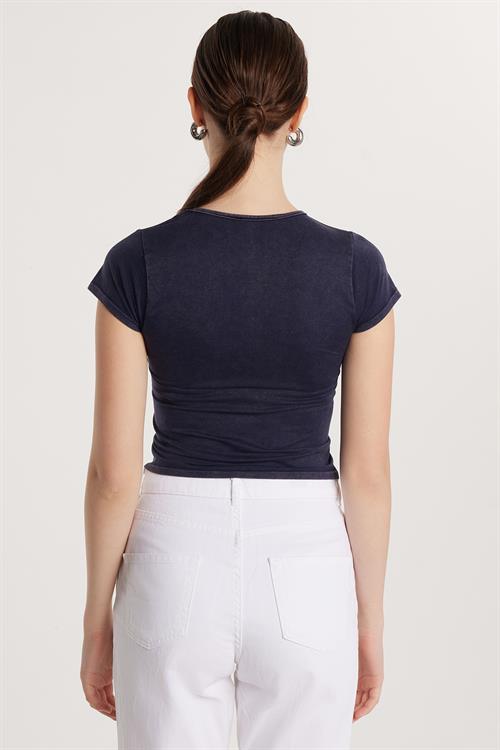 Kadın Slim Fit Dar Kesim Düz Basic Bisiklet Yaka Lacivert Tişört