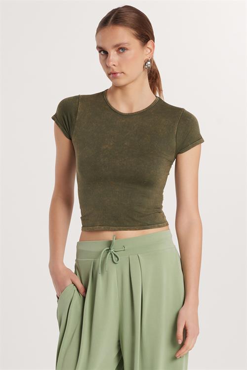 Kadın Slim Fit Dar Kesim Düz Basic Bisiklet Yaka Haki Tişört