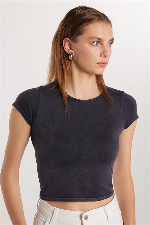 Kadın Slim Fit Dar Kesim Düz Basic Bisiklet Yaka Antrasit Tişört