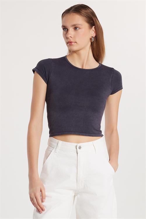 Kadın Slim Fit Dar Kesim Düz Basic Bisiklet Yaka Antrasit Tişört