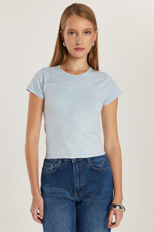 Kadın Slim Fit Dar Kesim Düz Basic Bisiklet Yaka Mavi Tişört