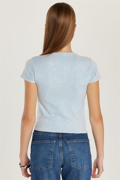 Kadın Slim Fit Dar Kesim Düz Basic Bisiklet Yaka Mavi Tişört