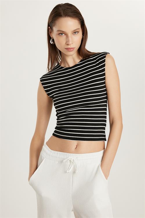Kadın Slim Fit Dar Kesim Bisiklet Yaka Çizgili Siyah Tişört