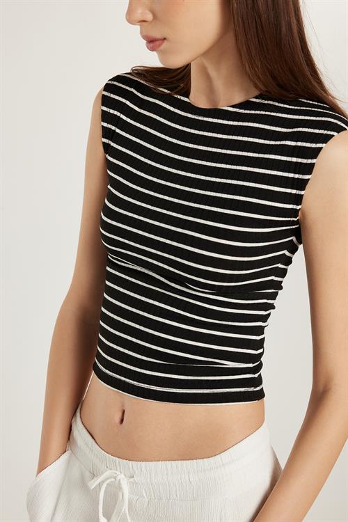 Kadın Slim Fit Dar Kesim Bisiklet Yaka Çizgili Siyah Tişört