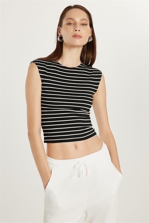 Kadın Slim Fit Dar Kesim Bisiklet Yaka Çizgili Siyah Tişört