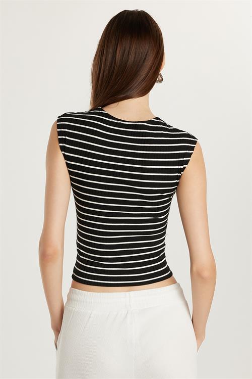 Kadın Slim Fit Dar Kesim Bisiklet Yaka Çizgili Siyah Tişört