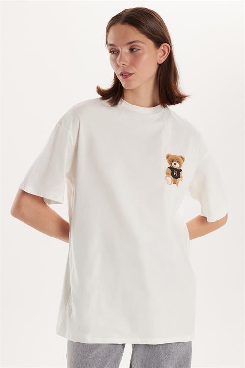 Kadın Slim Fit Dar Kesim %100 Pamuk Kısa Kollu Baskılı Bisiklet Yaka Ekru Tişört