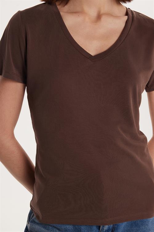 Kadın Relax Fit Rahat Kesim Modal V Yaka Kahverengi Tişört
