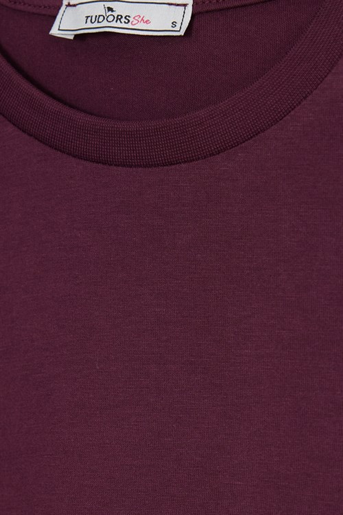 Kadın Relax Fit Rahat Kesim %100 Pamuk Bisiklet Yaka Bordo Tişört