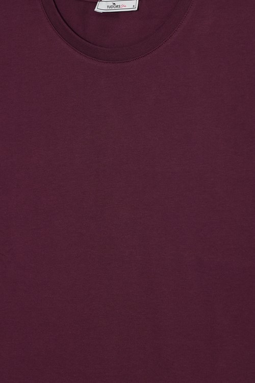 Kadın Relax Fit Rahat Kesim Kısa Kollu Bisiklet Yaka Bordo Tişört