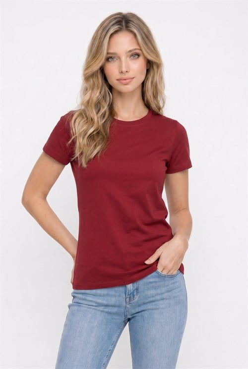 Kadın Relax Fit Rahat Kesim Kısa Kollu Bisiklet Yaka Bordo Tişört