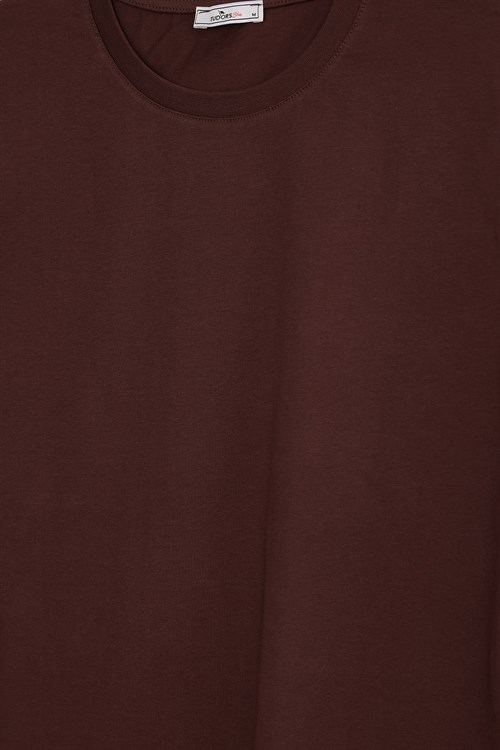 Kadın Relax Fit Rahat Kesim Kısa Kollu Bisiklet Yaka Kahverengi Tişört
