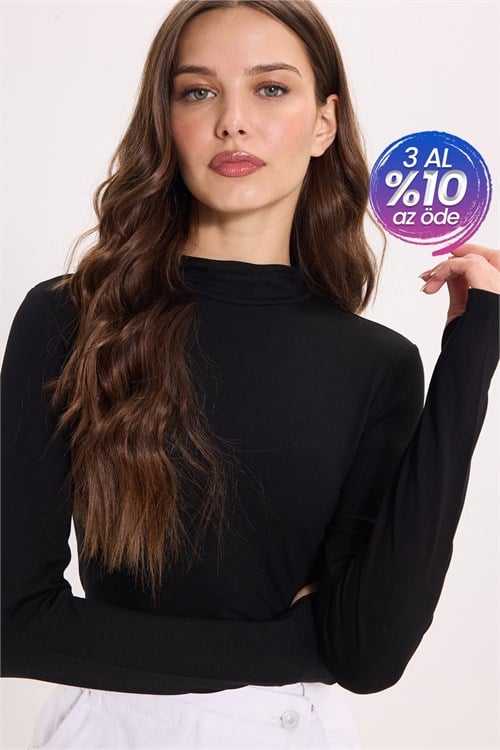 Kadın Regular Fit Klasik Kesim Viskon Kumaş Balıkçı Yaka Siyah Bluz 