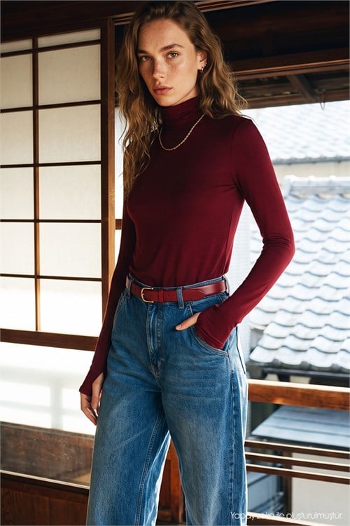 Kadın Regular Fit Klasik Kesim Viskon Kumaş Balıkçı Yaka Bordo Bluz 