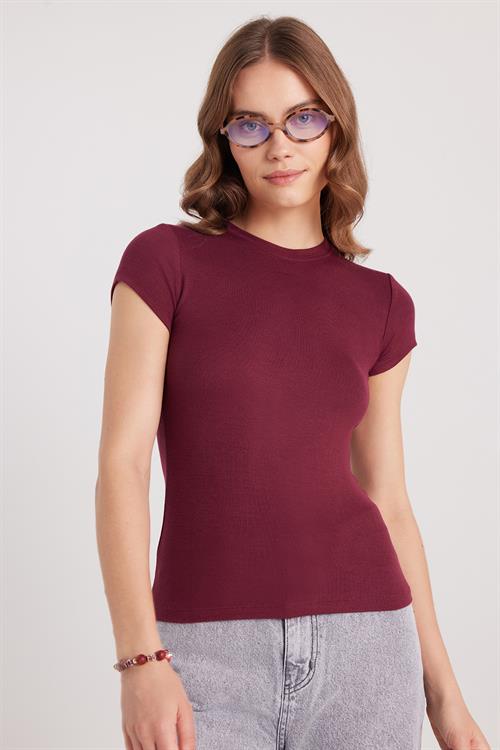 Kadın Regular Fit Klasik Kesim Bisiklet Yaka Viskon Kumaş Ultra Soft Bordo Tişört
