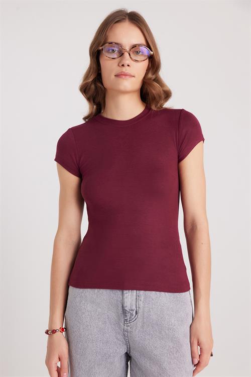 Kadın Regular Fit Klasik Kesim Bisiklet Yaka Viskon Kumaş Ultra Soft Bordo Tişört