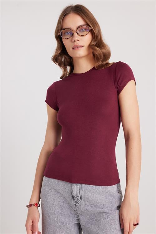 Kadın Regular Fit Klasik Kesim Bisiklet Yaka Viskon Kumaş Ultra Soft Bordo Tişört