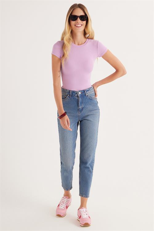 Kadın Regular Fit Klasik Kesim Bisiklet Yaka Viskon Kumaş Ultra Soft Lila Tişört