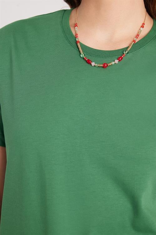 Kadın Bol Kesim Rahat Duruş %100 Pamuk Yumuşak Dokulu Yeşil Bisiklet Yaka Tişört