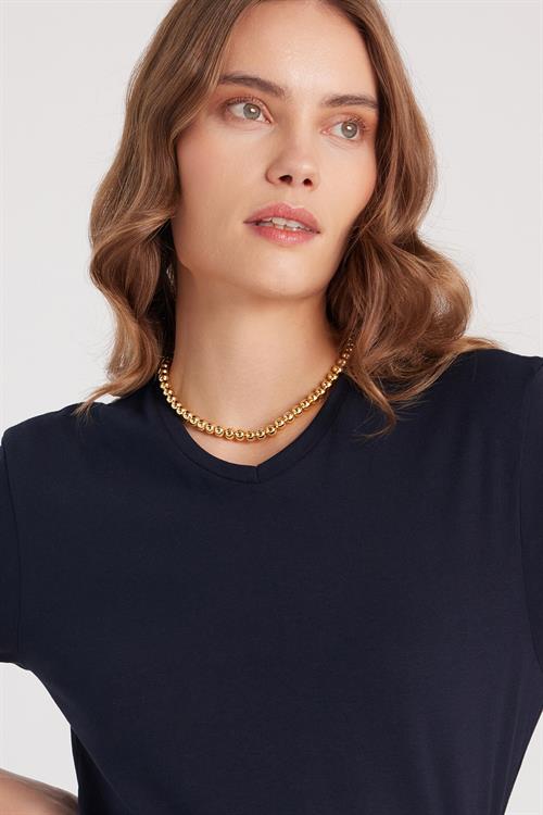 Kadın Slim Fit Dar Kesim %100 Pamuk Yumuşak Dokulu Lacivert V Yaka Tişört