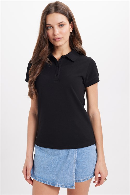Kadın Slim Fit Dar Kesim %100 Pamuk Polo Yaka Siyah Pike Tişört 