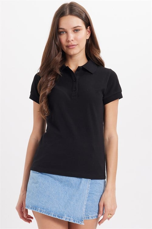 Kadın Slim Fit Dar Kesim %100 Pamuk Polo Yaka Siyah Pike Tişört 