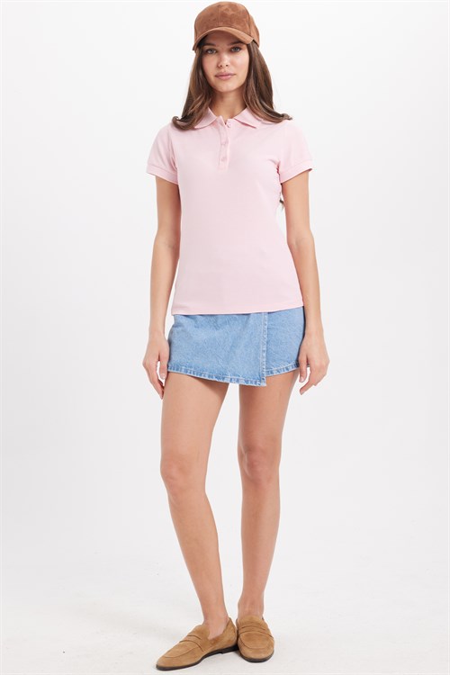 Kadın Slim Fit Dar Kesim %100 Pamuk Polo Yaka Pembe Pike Tişört 
