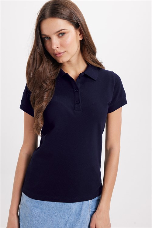 Kadın Slim Fit Dar Kesim %100 Pamuk Polo Yaka Lacivert Pike Tişört 
