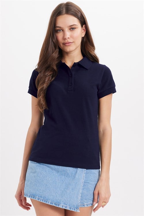 Kadın Slim Fit Dar Kesim %100 Pamuk Polo Yaka Lacivert Pike Tişört 
