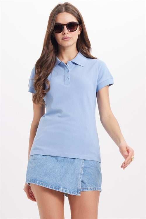 Kadın Slim Fit Dar Kesim %100 Pamuk Polo Yaka MaviPike Tişört 