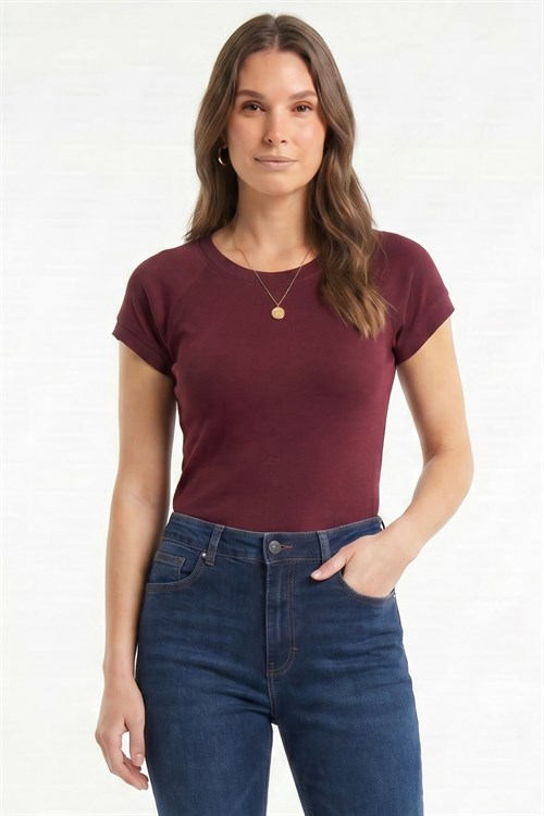 Kadın Slim Fit Dar Kesim Bisiklet Yaka Reglan Kol %100 Pamuk Bordo Tişört Bluz