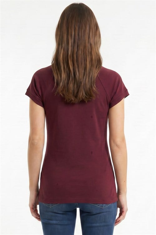 Kadın Slim Fit Dar Kesim Bisiklet Yaka Reglan Kol %100 Pamuk Bordo Tişört Bluz