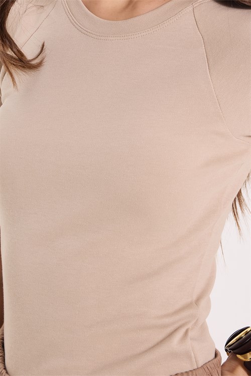 Kadın Slim Fit Dar Kesim Bisiklet Yaka Reglan Kol %100 Pamuk Taş Renk Tişört Bluz