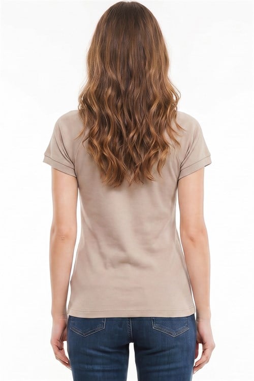 Kadın Slim Fit Dar Kesim Bisiklet Yaka Reglan Kol %100 Pamuk Taş Renk Tişört Bluz