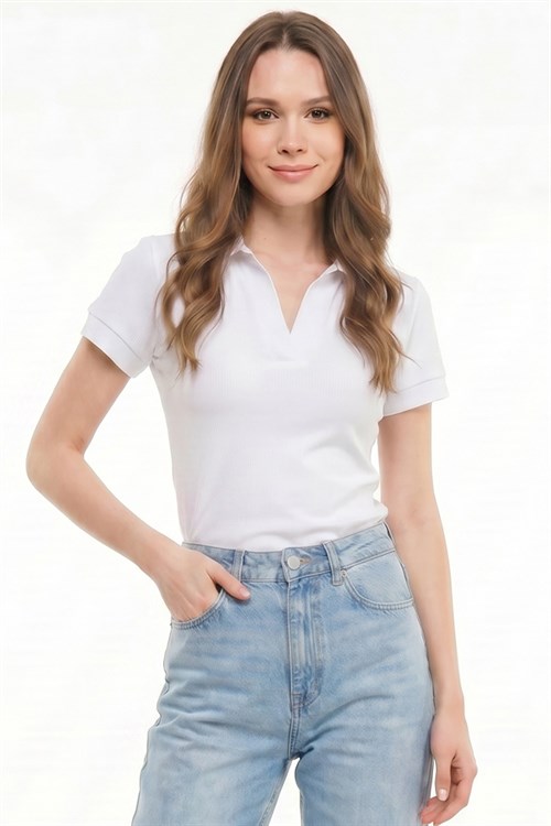 Kadın Slim Fit Dar Kesim Pamuklu Kısa Kollu Beyaz Polo Yaka Tişört