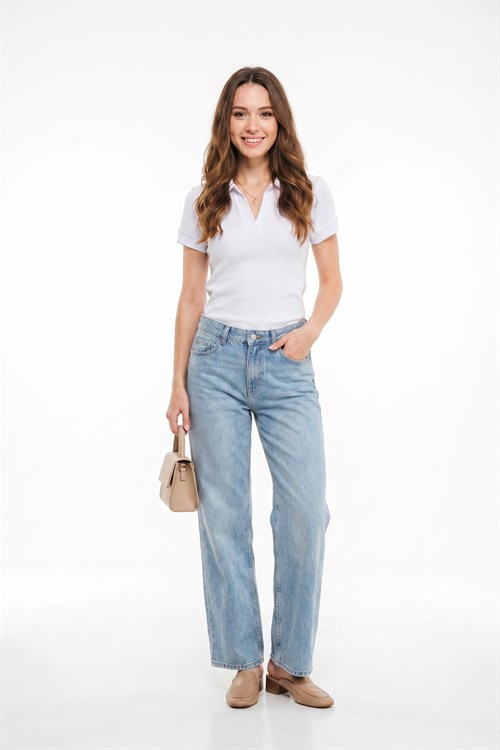 Kadın Slim Fit Dar Kesim Pamuklu Kısa Kollu Beyaz Polo Yaka Tişört