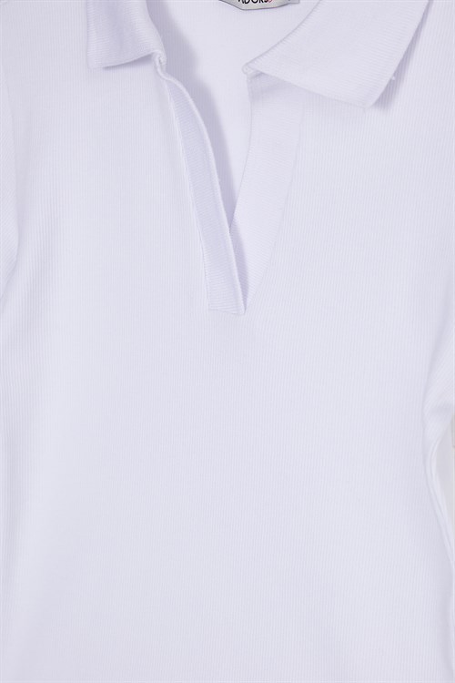 Kadın Slim Fit Dar Kesim Pamuklu Kısa Kollu Beyaz Polo Yaka Tişört