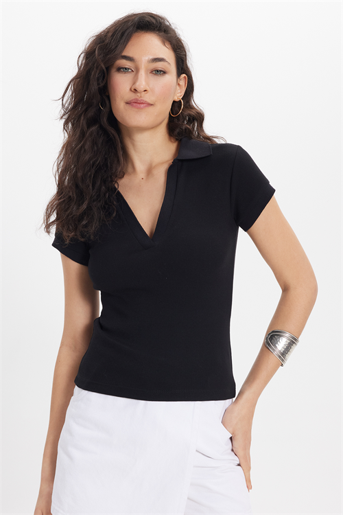 Kadın Slim Fit Dar Kesim Pamuklu Kısa Kollu Siyah Polo Yaka Tişört