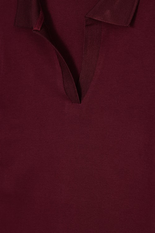 Kadın Slim Fit Dar Kesim Pamuklu Kısa Kollu Bordo Polo Yaka Tişört