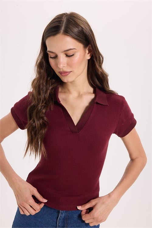 Kadın Slim Fit Dar Kesim Pamuklu Kısa Kollu Bordo Polo Yaka Tişört