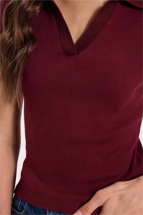 Kadın Slim Fit Dar Kesim Pamuklu Kısa Kollu Bordo Polo Yaka Tişört