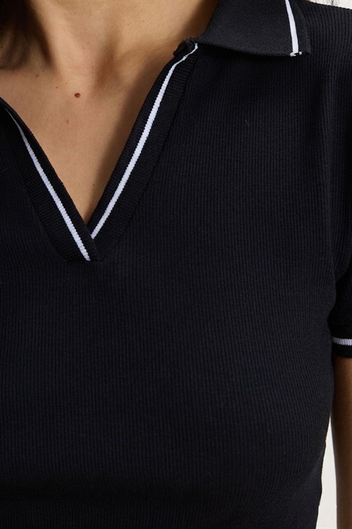 Kadın Slim Fit Dar Kesim Pamuklu Polo Yaka Kısa Kollu Siyah Tişört