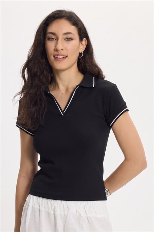 Kadın Slim Fit Dar Kesim Pamuklu Polo Yaka Kısa Kollu Siyah Tişört