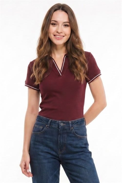 Kadın Slim Fit Dar Kesim Pamuklu Polo Yaka Kısa Kollu Bordo Tişört