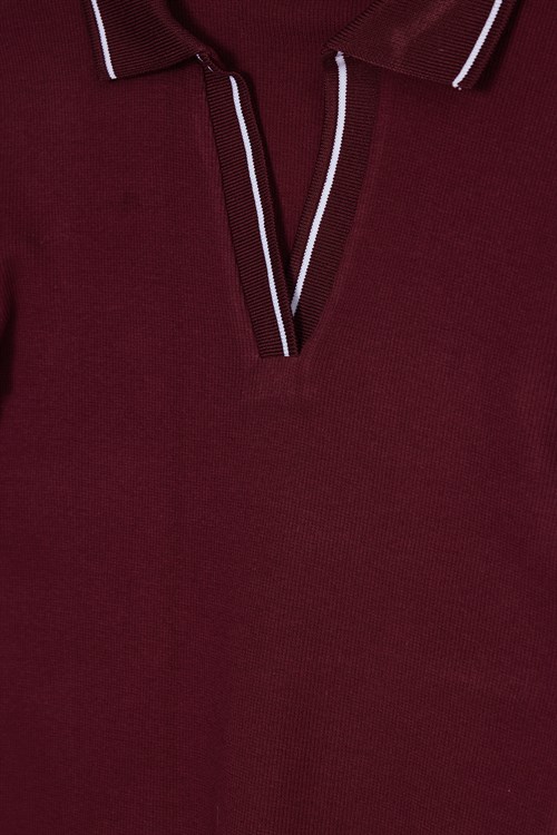 Kadın Slim Fit Dar Kesim Pamuklu Polo Yaka Kısa Kollu Bordo Tişört