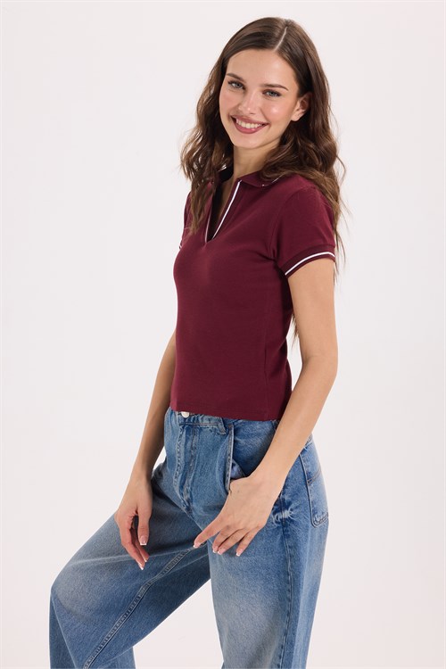 Kadın Slim Fit Dar Kesim Pamuklu Polo Yaka Kısa Kollu Bordo Tişört
