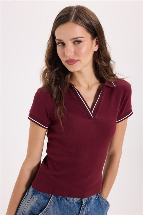 Kadın Slim Fit Dar Kesim Pamuklu Polo Yaka Kısa Kollu Bordo Tişört