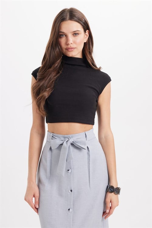 Kadın Slim Fit Dar Kesim Pamuklu Dik Yaka Sıfır Kol Siyah  Crop Bluz