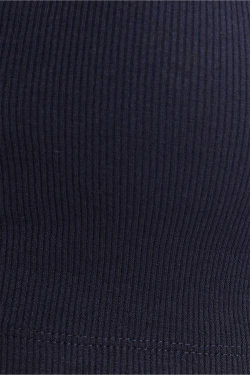 Kadın Slim Fit Dar Kesim Pamuklu Likralı Dik Yaka Sıfır Kol Yumuşak Dokulu Lacivert Crop Bluz